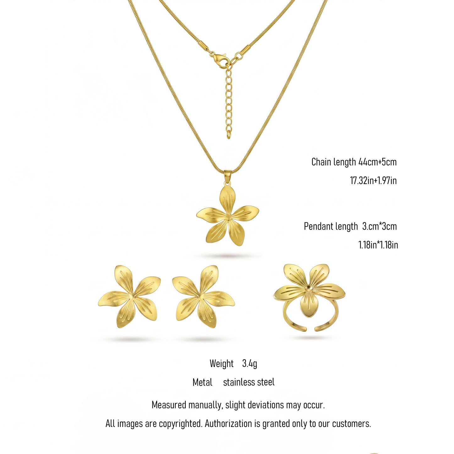 Tropical Bloom Jewelry Set – Gold Flower Necklace Earrings & Ring for Sun-Kissed Elegance