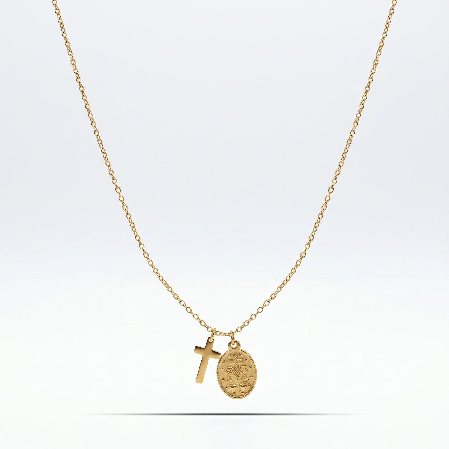 Gold Cross & Miraculous Medal Pendant Necklace - 18K Gold Plated Stainless Steel
