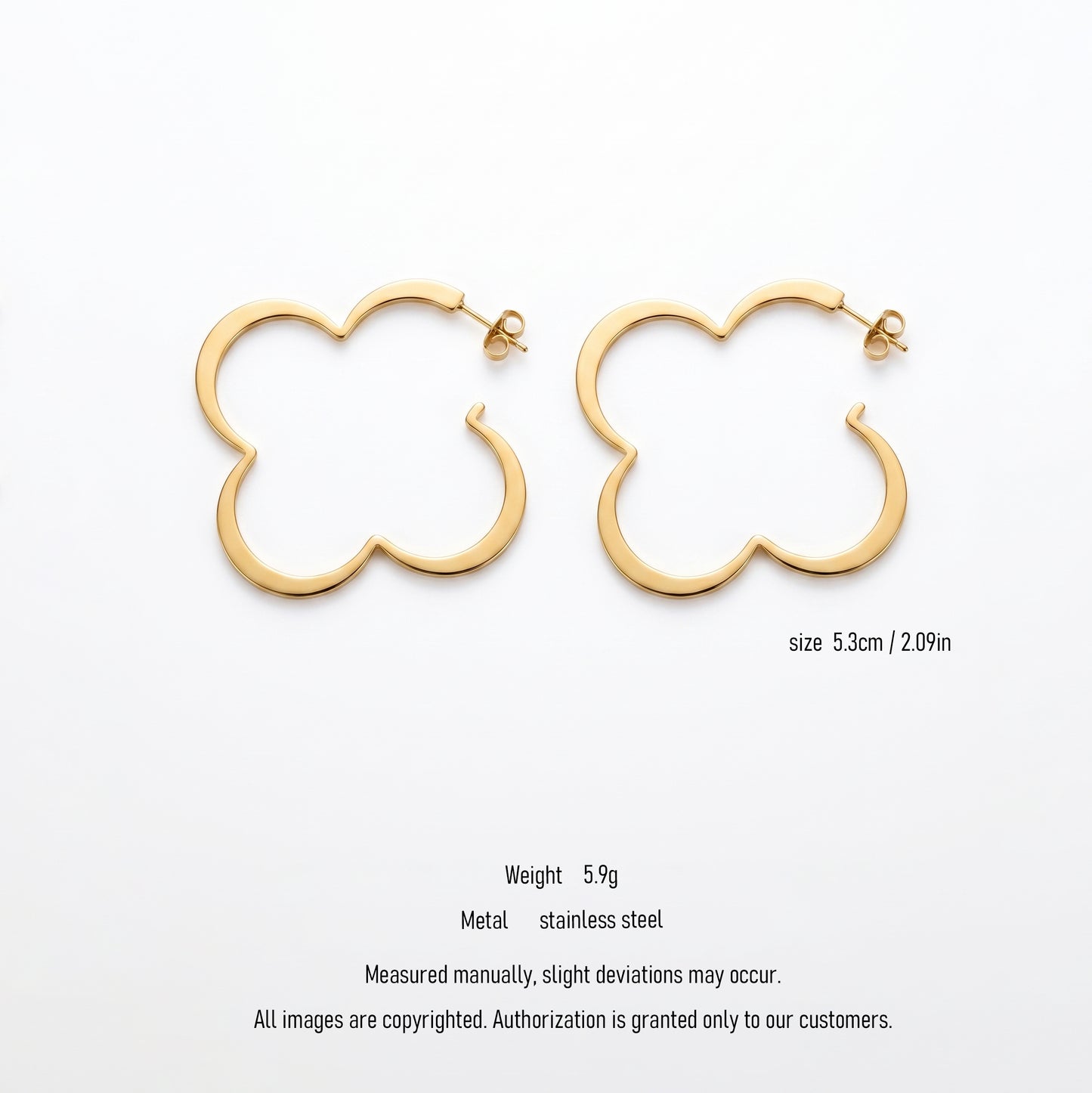 18K Gold Plated Stainless Steel Four Leaf Clover Hoop Earrings - 5.3cm Hypoallergenic Waterproof Tarnish Resistant Clover Shaped Hoop Earrings for Women Daily Wear