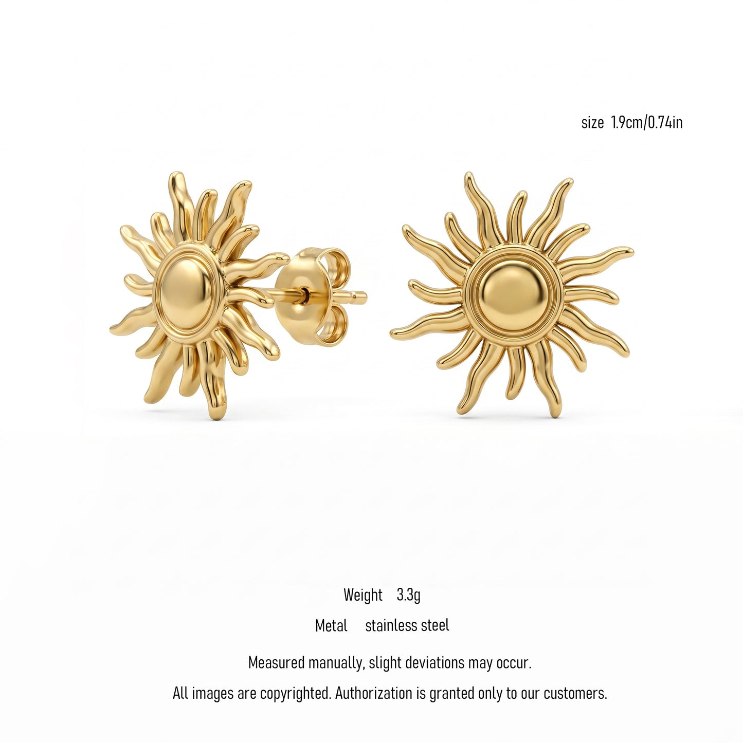 18K Gold Plated Sun Stud Earrings, Stainless Steel Hypoallergenic Waterproof Summer Beach Jewelry