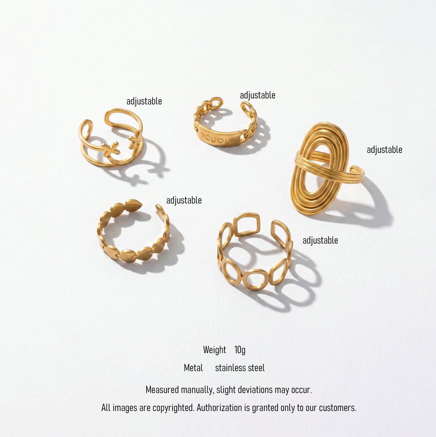 Waterproof Gold Stacking Rings Set 5Pcs - Adjustable Open Band Stainless Steel Rings with You & Me Engraving, Minimalist Geometric Jewelry for Women