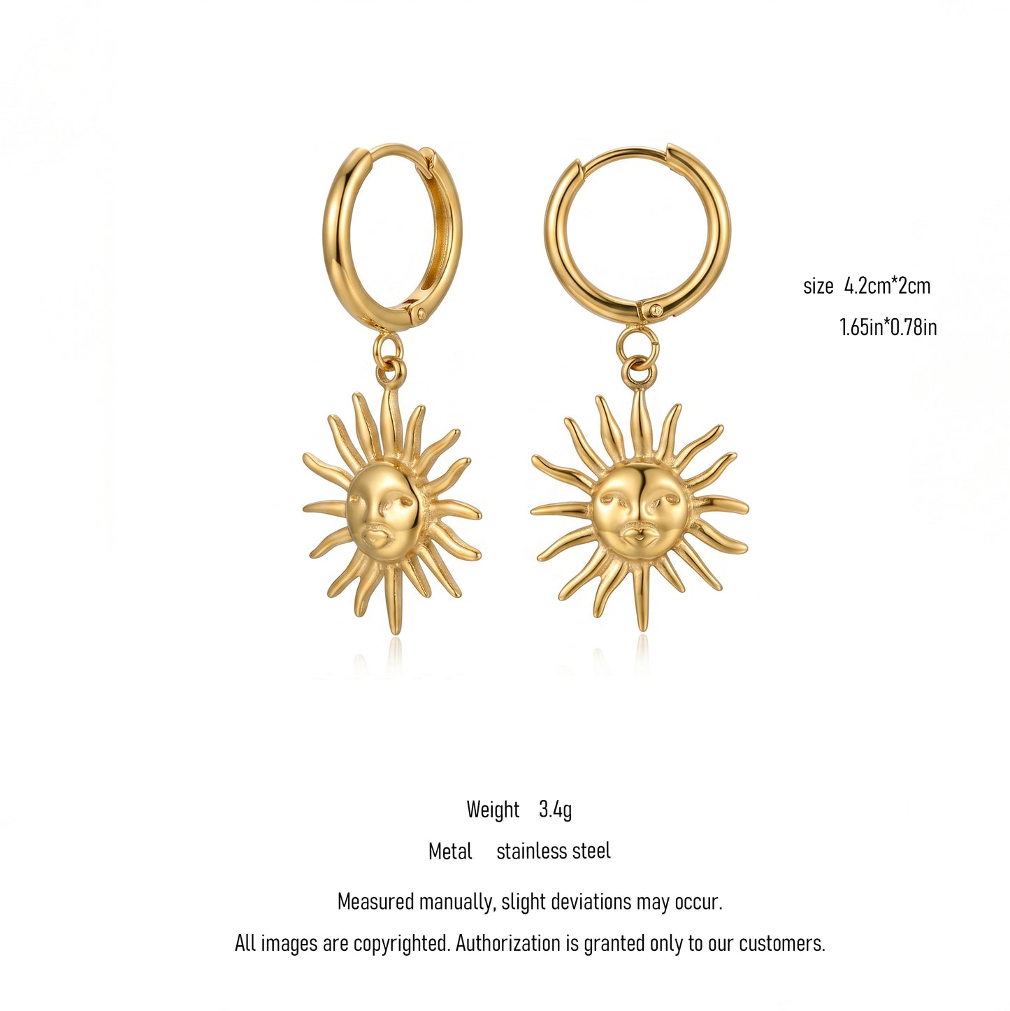 Nickel Free Sun Face Hoop Earrings, Stainless Steel Hypoallergenic No Fade Drop Hoops