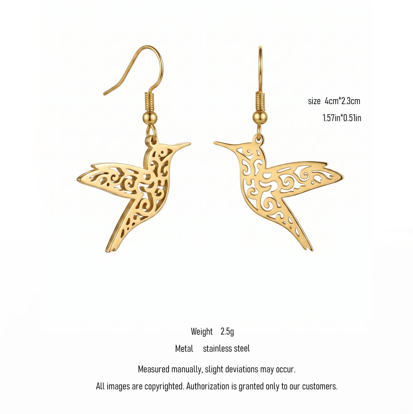 Stainless Steel Hollow Hummingbird Earrings, Hypoallergenic No Fade Bird Drop Earrings for Women