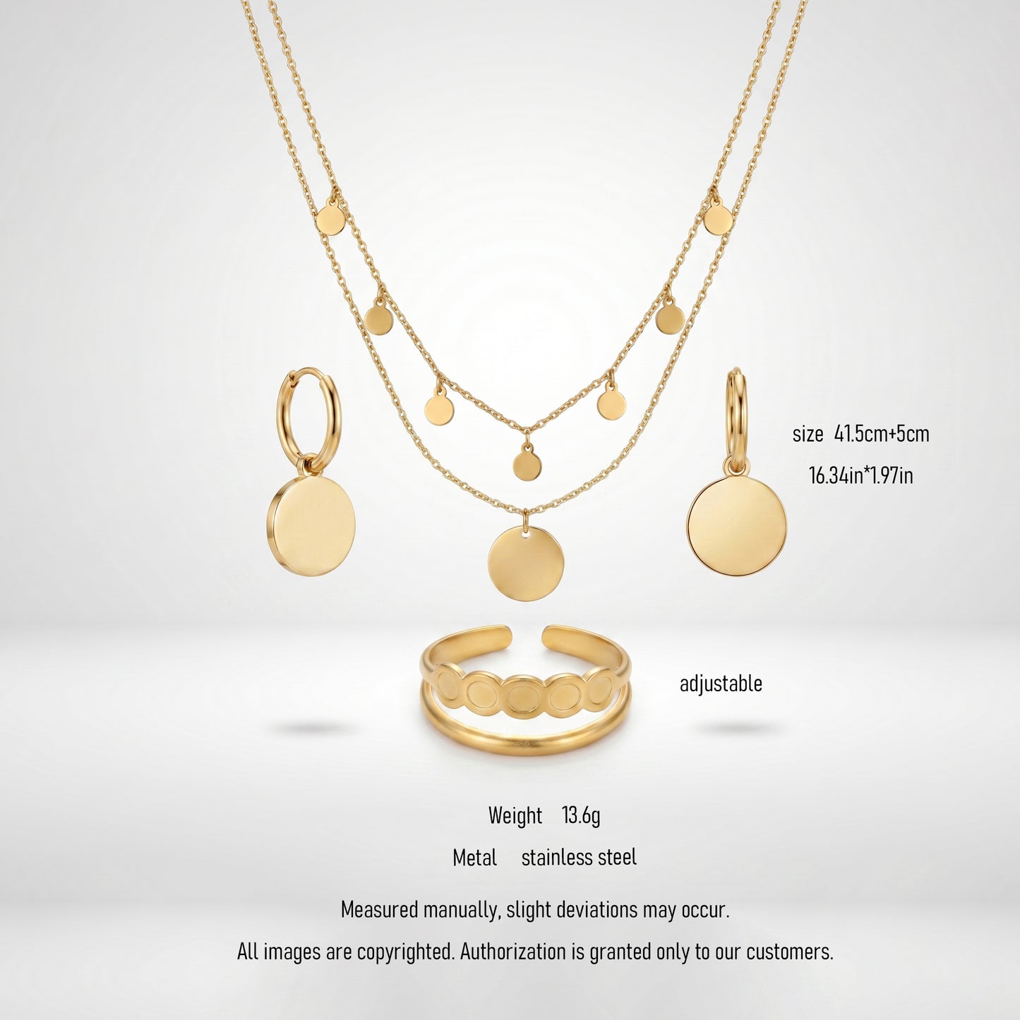 Waterproof Stainless Steel Disc Jewelry Set, Gold Plated Hypoallergenic Layered Necklace, Earrings & Ring