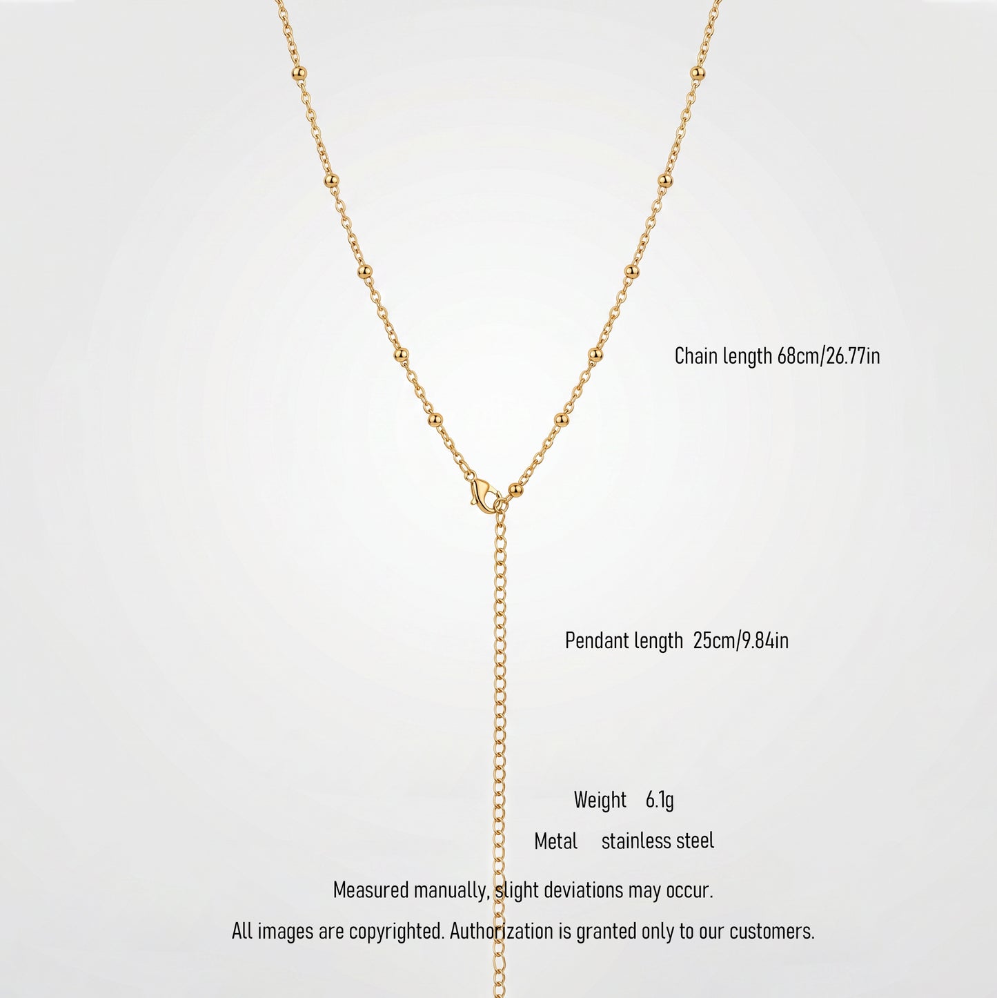 Hypoallergenic Gold Beaded Lariat Necklace, Waterproof Stainless Steel Long Drop Statement Chain