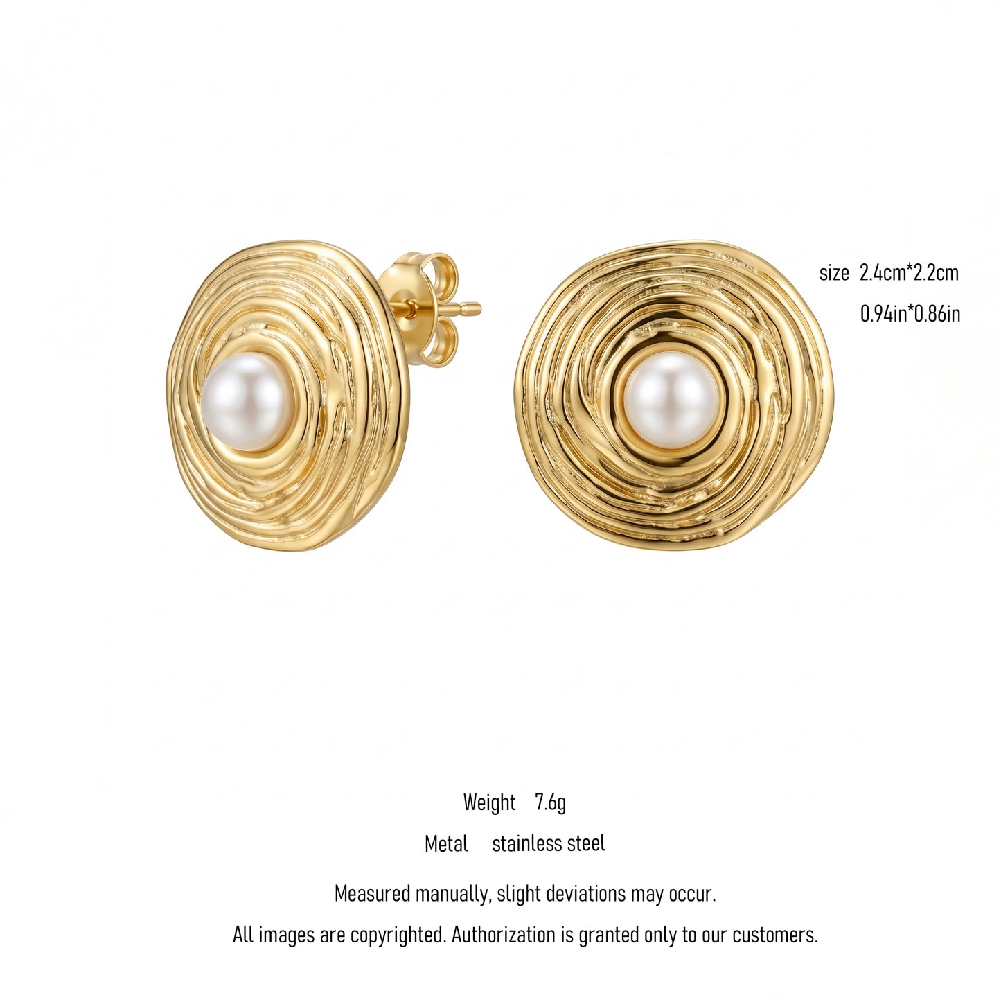 Vintage Swirl Pearl Stud Earrings, 18K Gold Silver Stainless Steel Textured Hoops