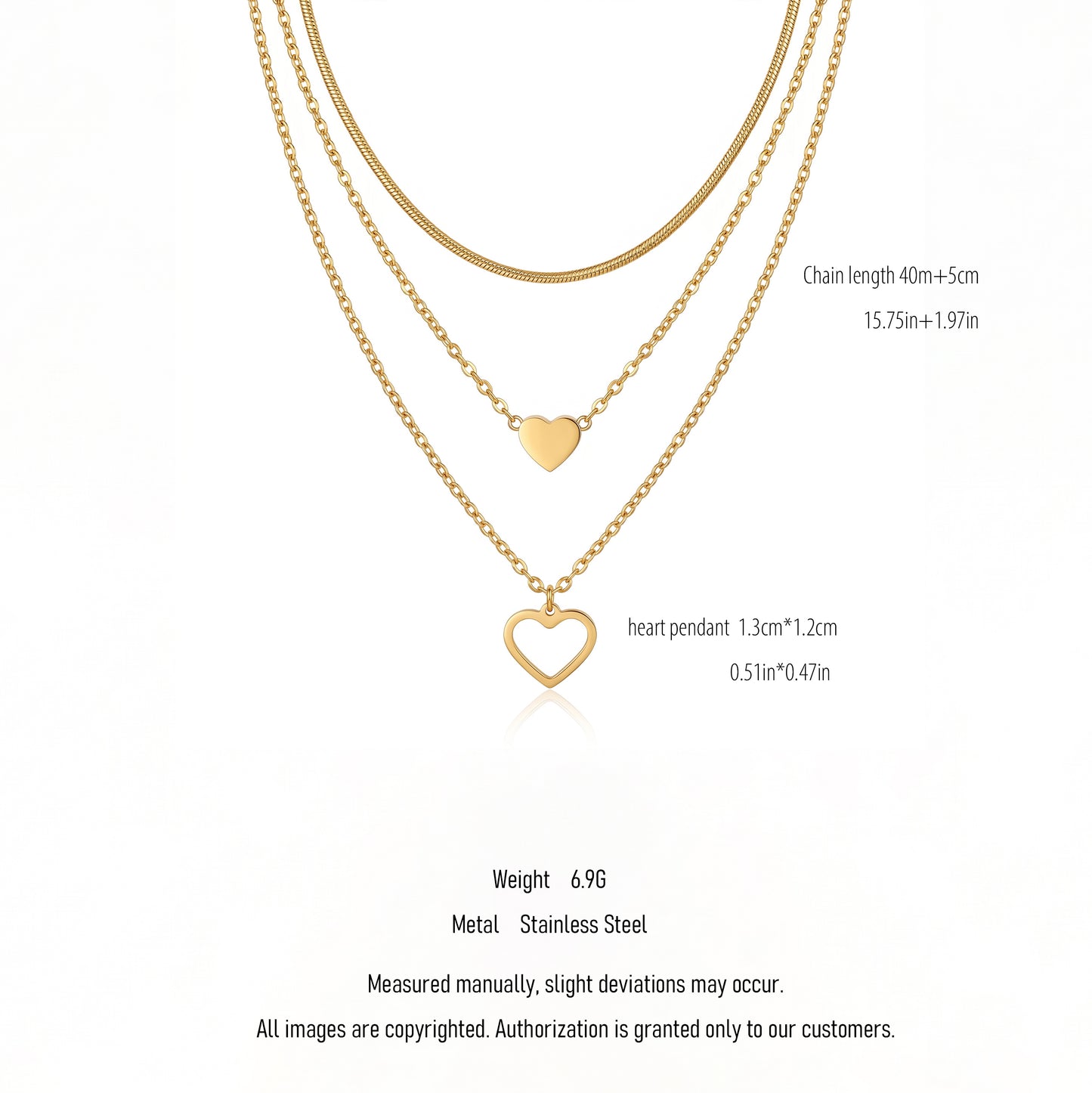 3 Layer Heart Pendant Necklace - 18K Gold Plated Waterproof Stainless Steel