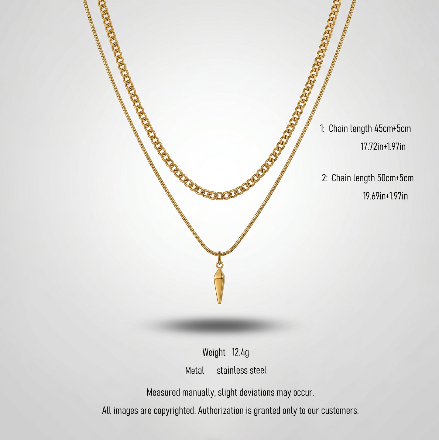 Waterproof Spike Pendant Layered Necklace - 18K Gold Plated Stainless Steel Cuban & Box Chain