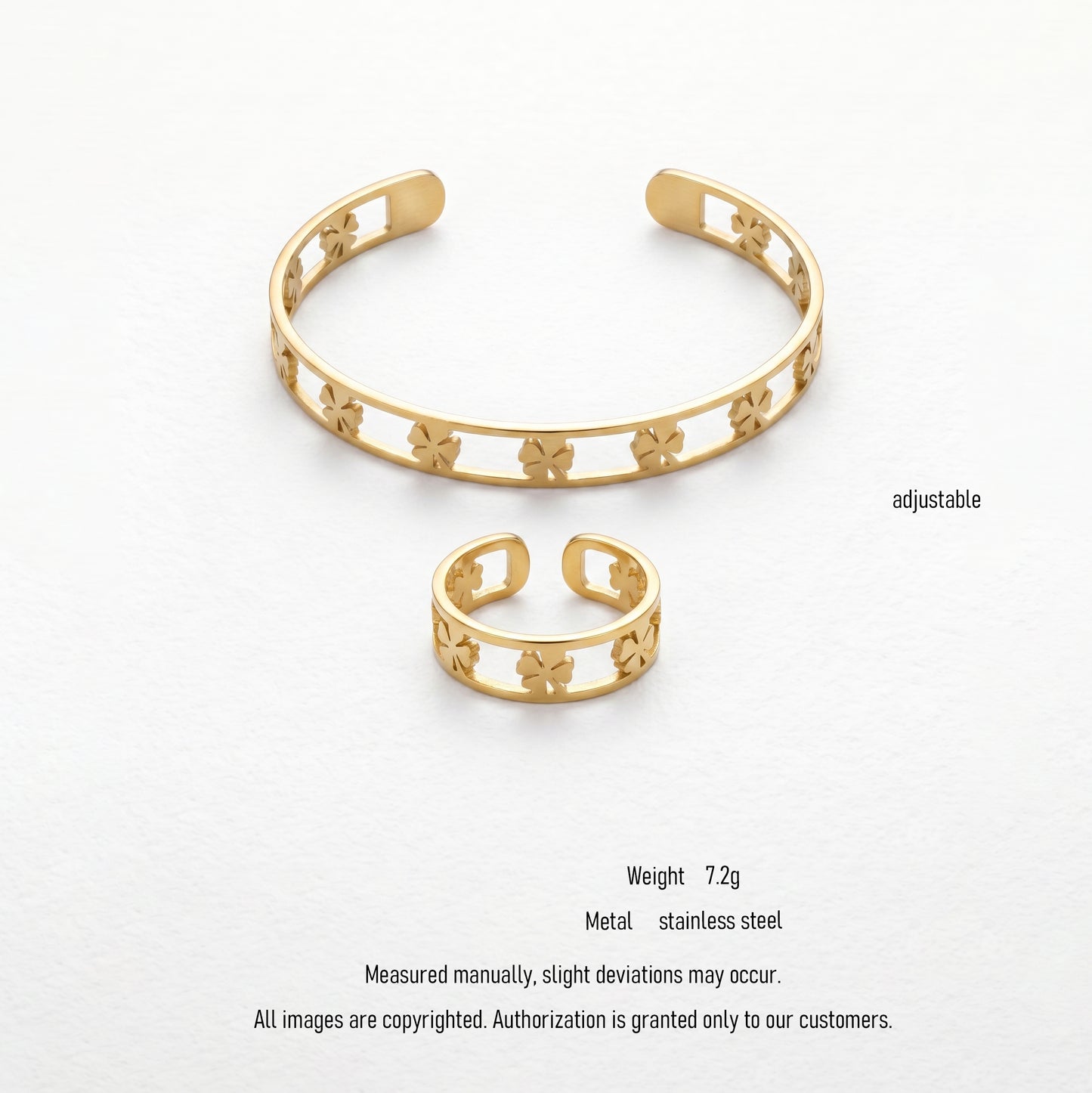 Waterproof & Hypoallergenic Stainless Steel Four-Leaf Clover Bangle, Gold Plated Statement Cuff Bracelet