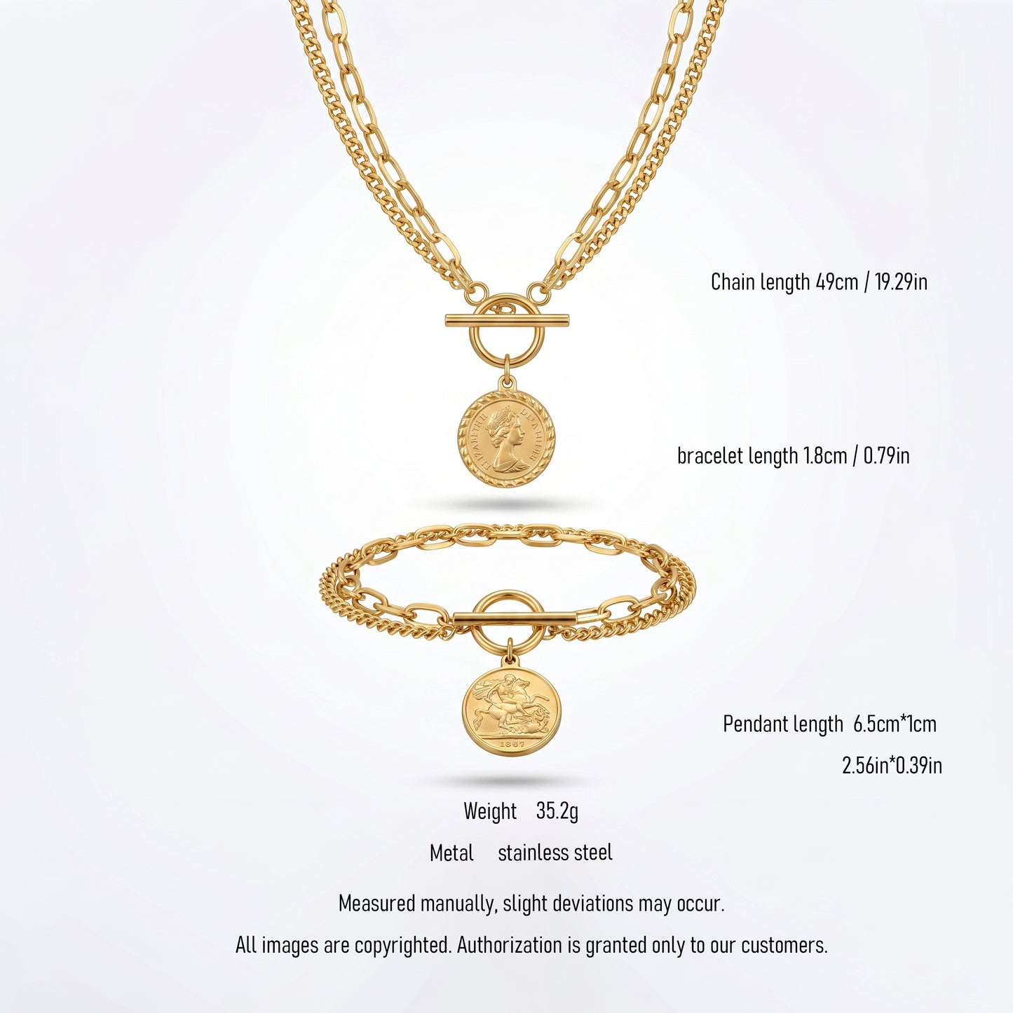 Minimalist Antique Coin Toggle Bracelet & Necklace Set - 18K Gold Plated Stainless Steel Dainty Layered Accessories