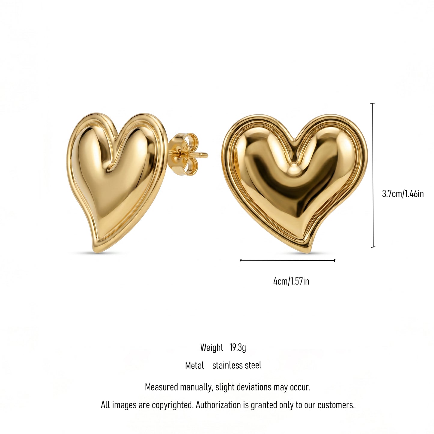 Puffy Heart Stud Earrings – Chunky Gold Stainless Steel Earrings with Retro Luxe Feel