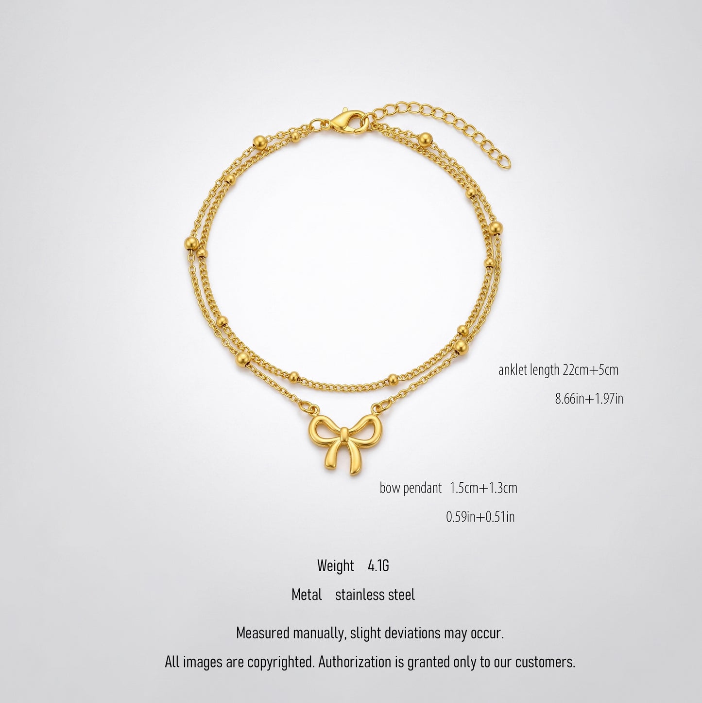 Bow Charm Double Layer Beaded Anklet - 18K Gold Plated Waterproof Stainless Steel