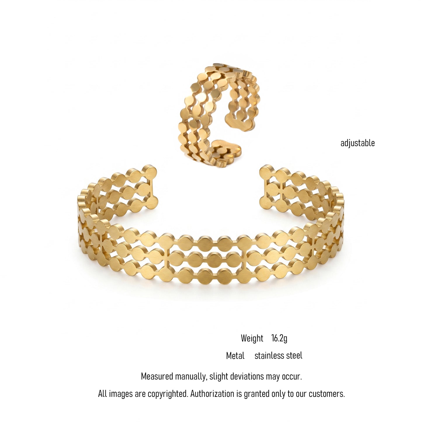 Hypoallergenic Gold Honeycomb Bracelet, Waterproof Stainless Steel Adjustable Geometric Cuff