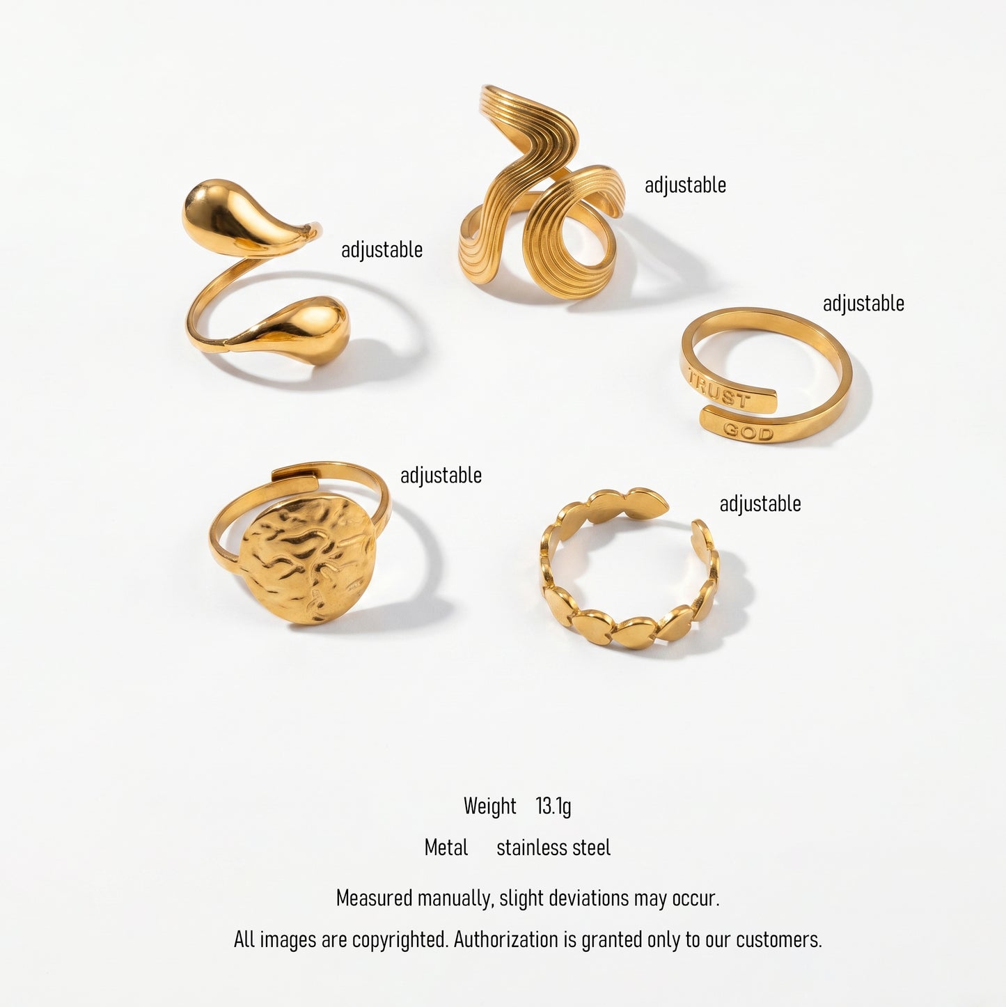 Waterproof Tarnish Resistant Gold Stackable Rings - 5Pcs Adjustable Open Set with Modern Wave Design for Daily & Beach Wear