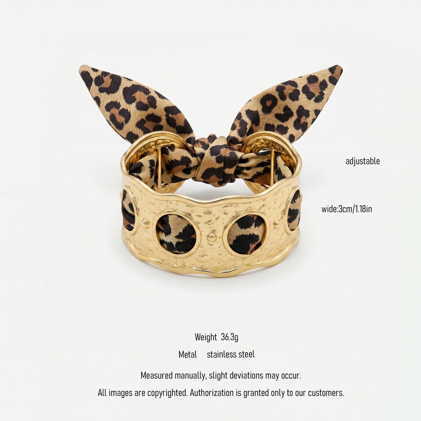 Luxury Leopard Print Silk Scarf Hammered Gold Cuff Bracelet for Women