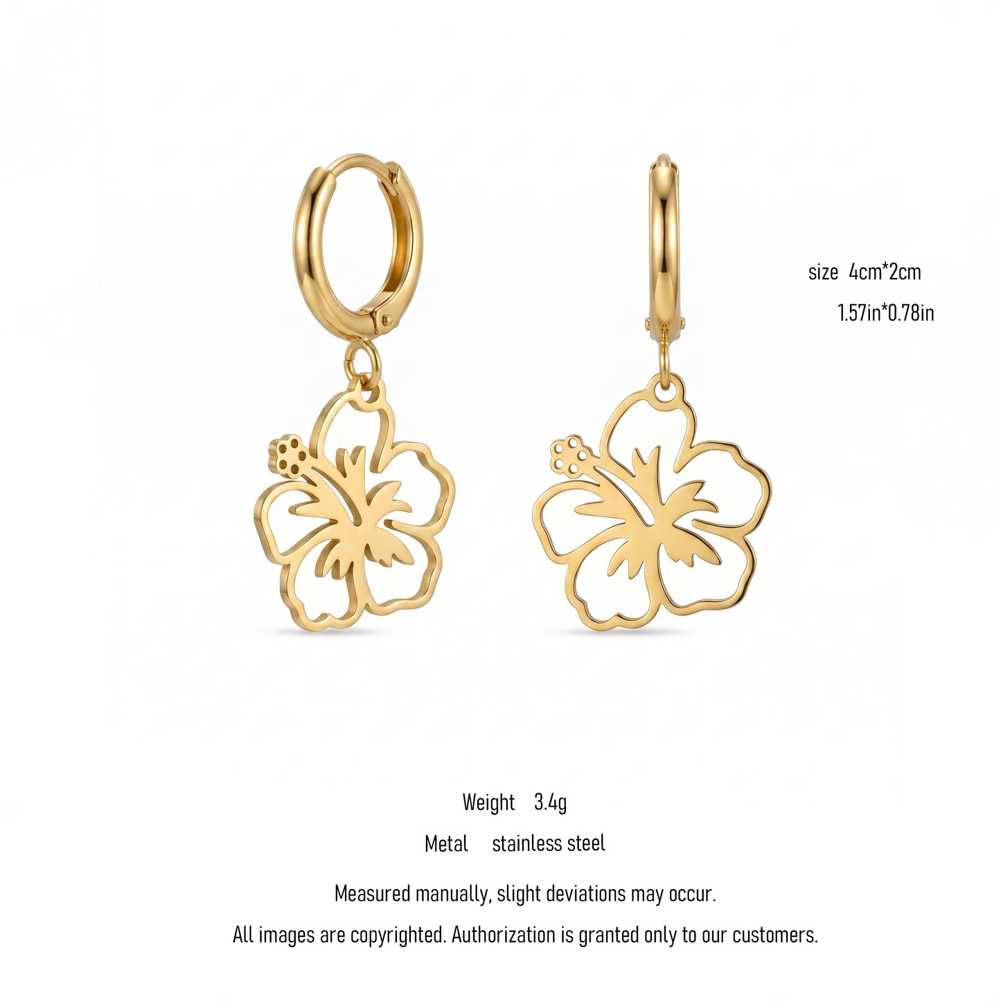 Hawaiian Hibiscus Charm Hoops, High Polished Stainless Steel Vacation Statement Earrings