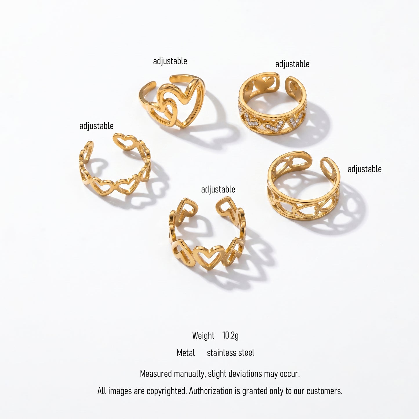 5Pcs 18K Gold Plated Stainless Steel Ring Set - Adjustable Open Stackable Statement Rings for Women, Wave Teardrop Hammered Design, TRUST GOD Engraved Waterproof Tarnish Resistant Jewelry