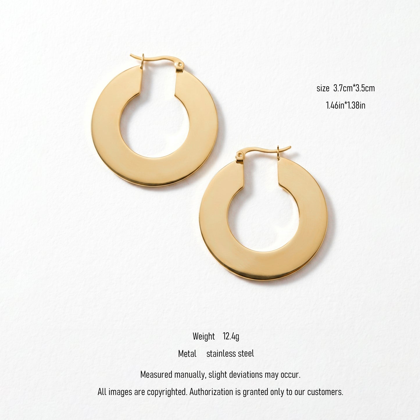 18K Gold Plated Stainless Steel Flat Open Hoop Earrings, Tarnish Resistant Statement Hoops for Women