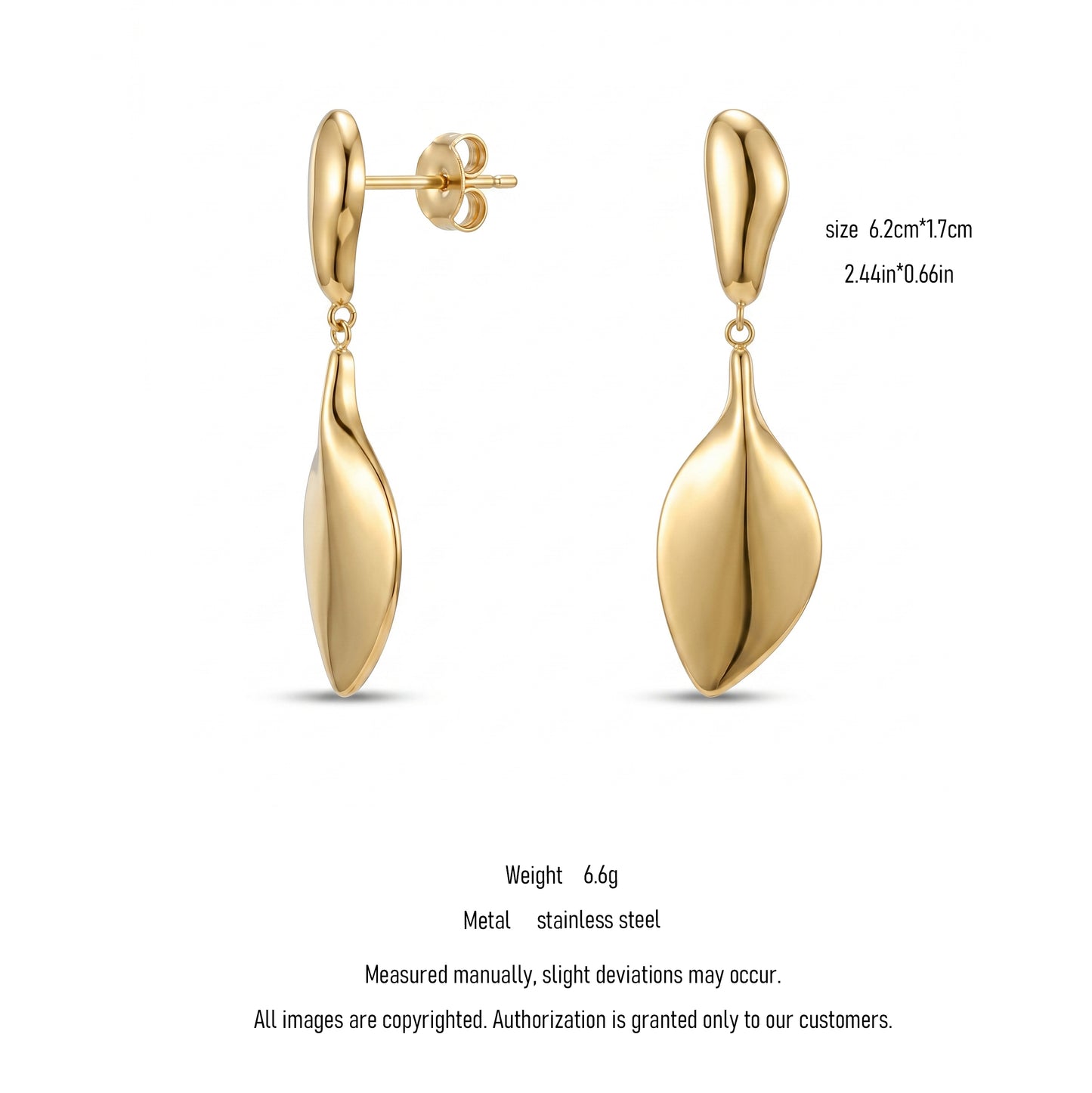 Waterproof & Hypoallergenic Stainless Steel Double Leaf Earrings, Gold Plated Minimalist Dangle Hoops