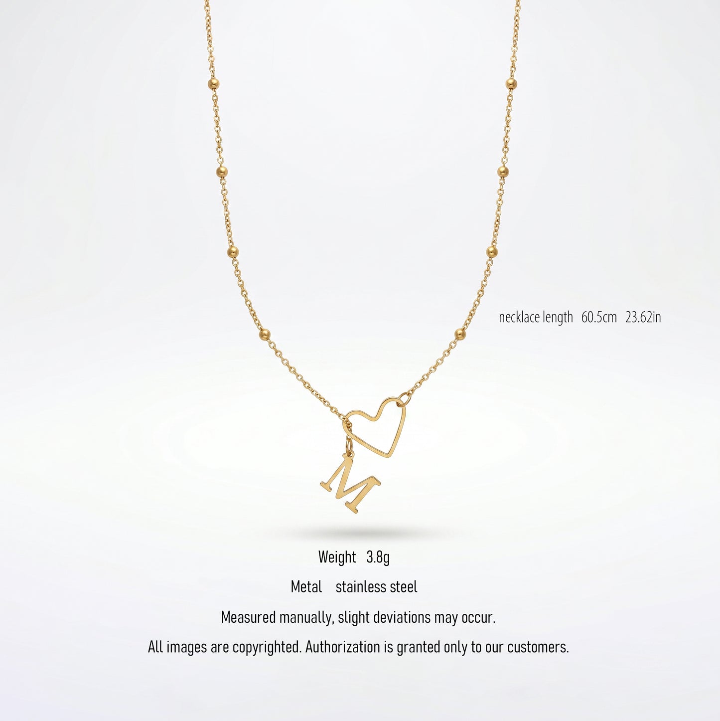 Gold Heart Outline & Letter M Pendant Necklace, Hypoallergenic