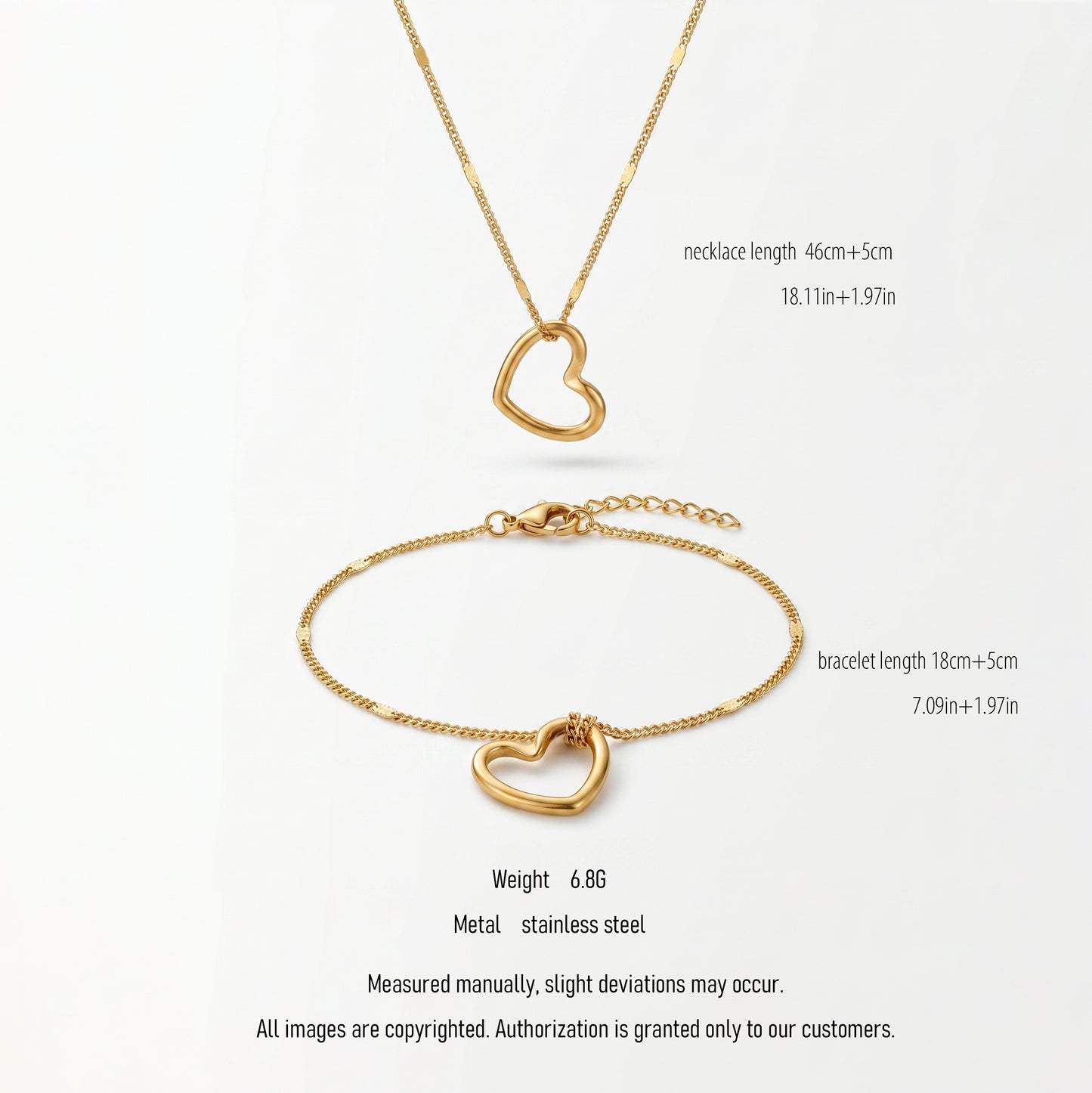 Open Heart Pendant Necklace & Bracelet Set - 18K Gold Plated Waterproof Stainless Steel Jewelry
