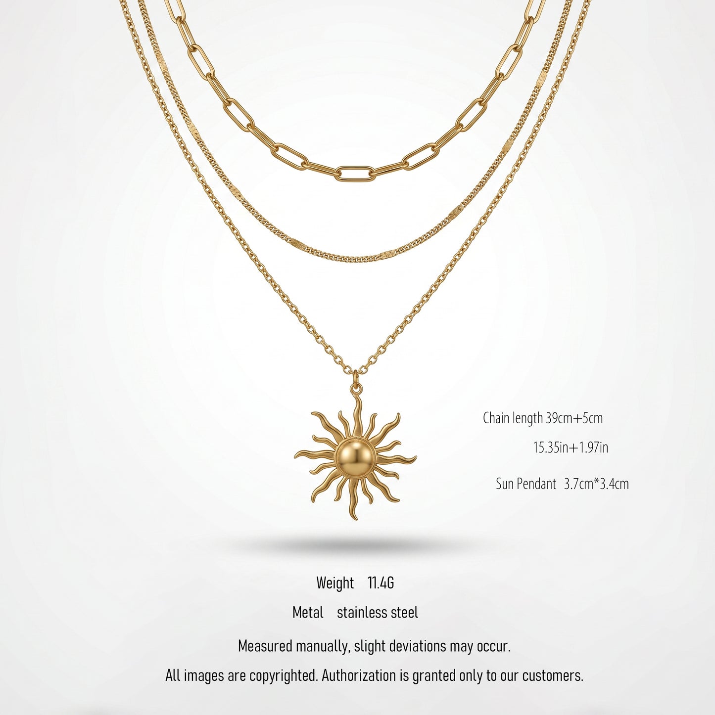 Triple Strand Sunburst Charm Necklace - 18K Gold Plated Sweat & Water Resistant Stainless Steel
