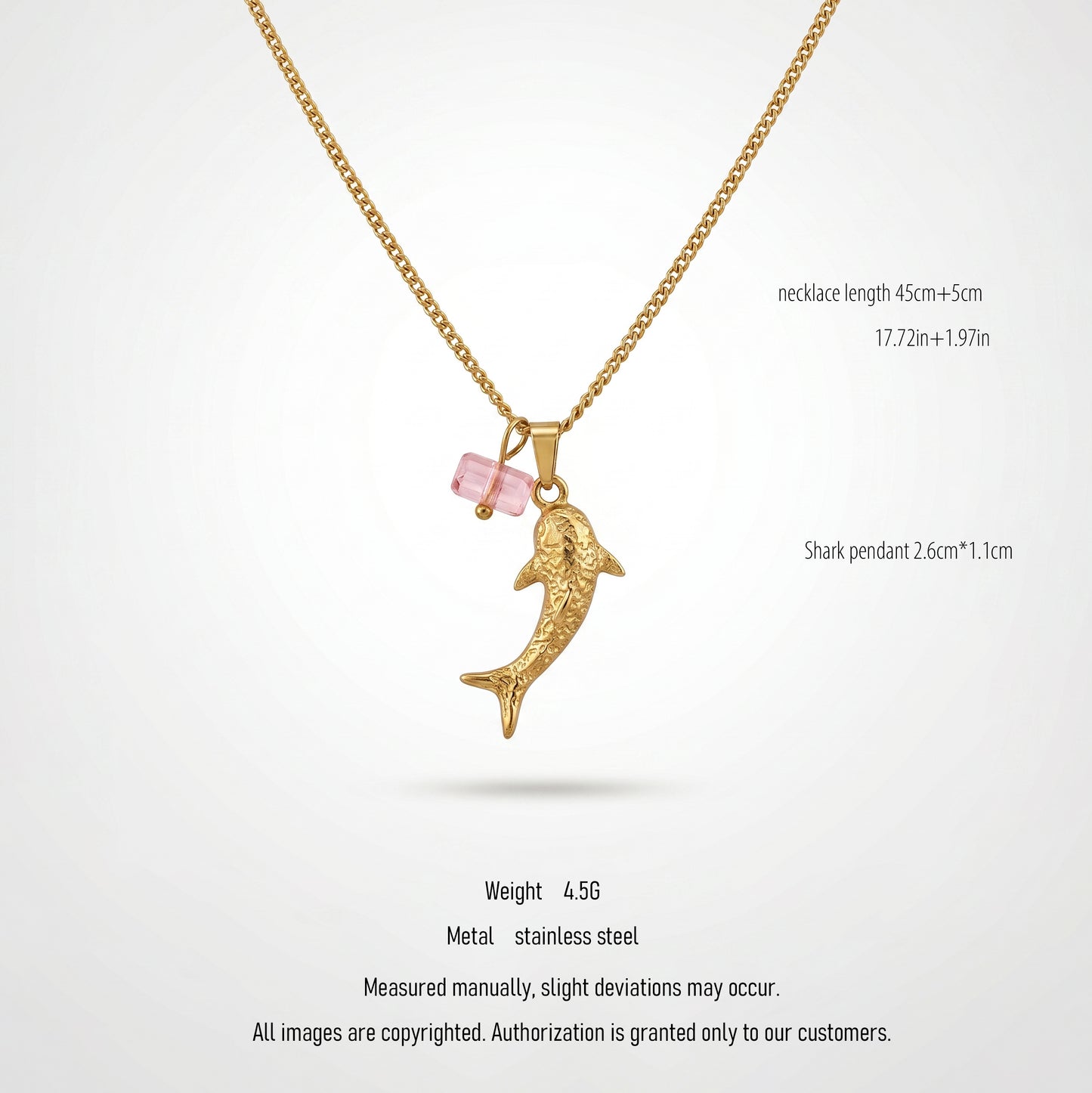Ocean Theme Shark & Rose Quartz Charm Curb Chain Necklace - Tarnish-Resistant Hypoallergenic for Women