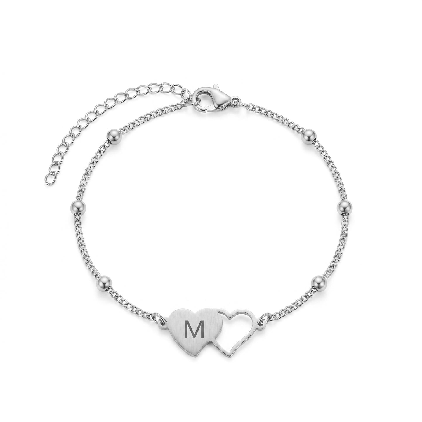 Personalized Initial Heart Bracelet - 18K Gold Plated Stainless Steel Adjustable Chain