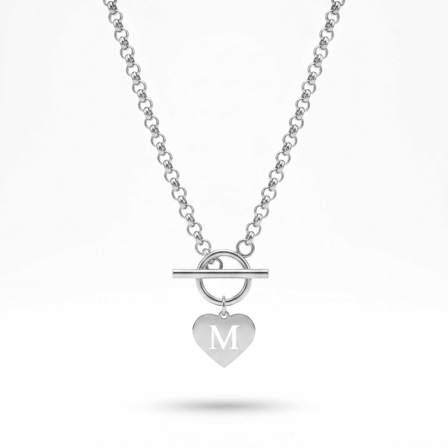 18K Gold Plated Initial M Heart Toggle Necklace - Stainless Steel Curb Chain Choker for Women