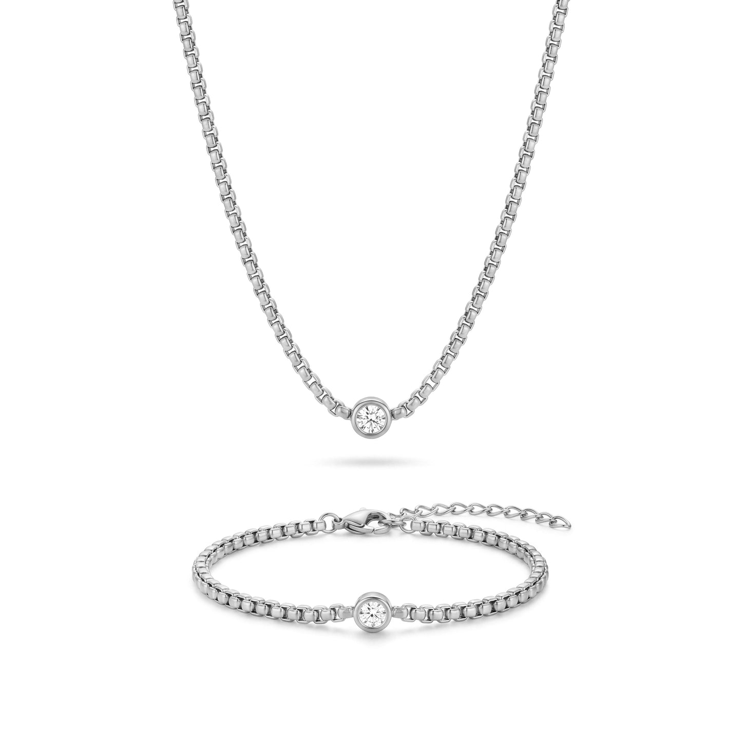 18K Gold Plated Bezel Solitaire Box Chain Necklace & Bracelet Set - Tarnish Free Stainless Steel Jewelry for Women