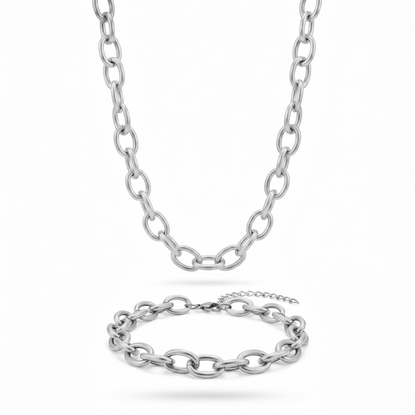 Matte Gold Oval Link Chain Necklace & Bracelet Set - Tarnish Free Stainless Steel Chunky Jewelry for Women