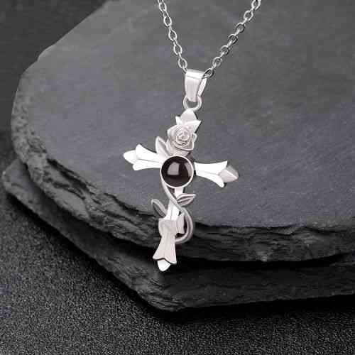 Silver cross rose necklace