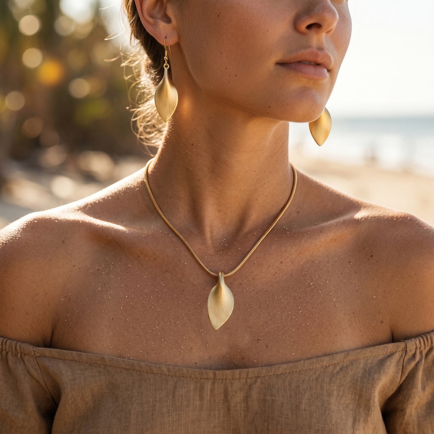 Golden Leaf Jewelry Set – Elegant Minimalist Necklace & Drop Earrings for Effortless Luxury