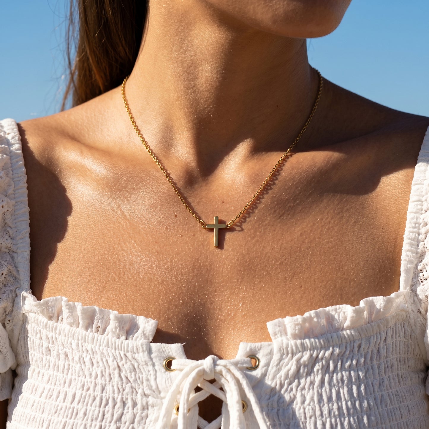 18K Gold Plated Horizontal Cross Necklace - Stainless Steel Dainty Minimalist Necklace for Women