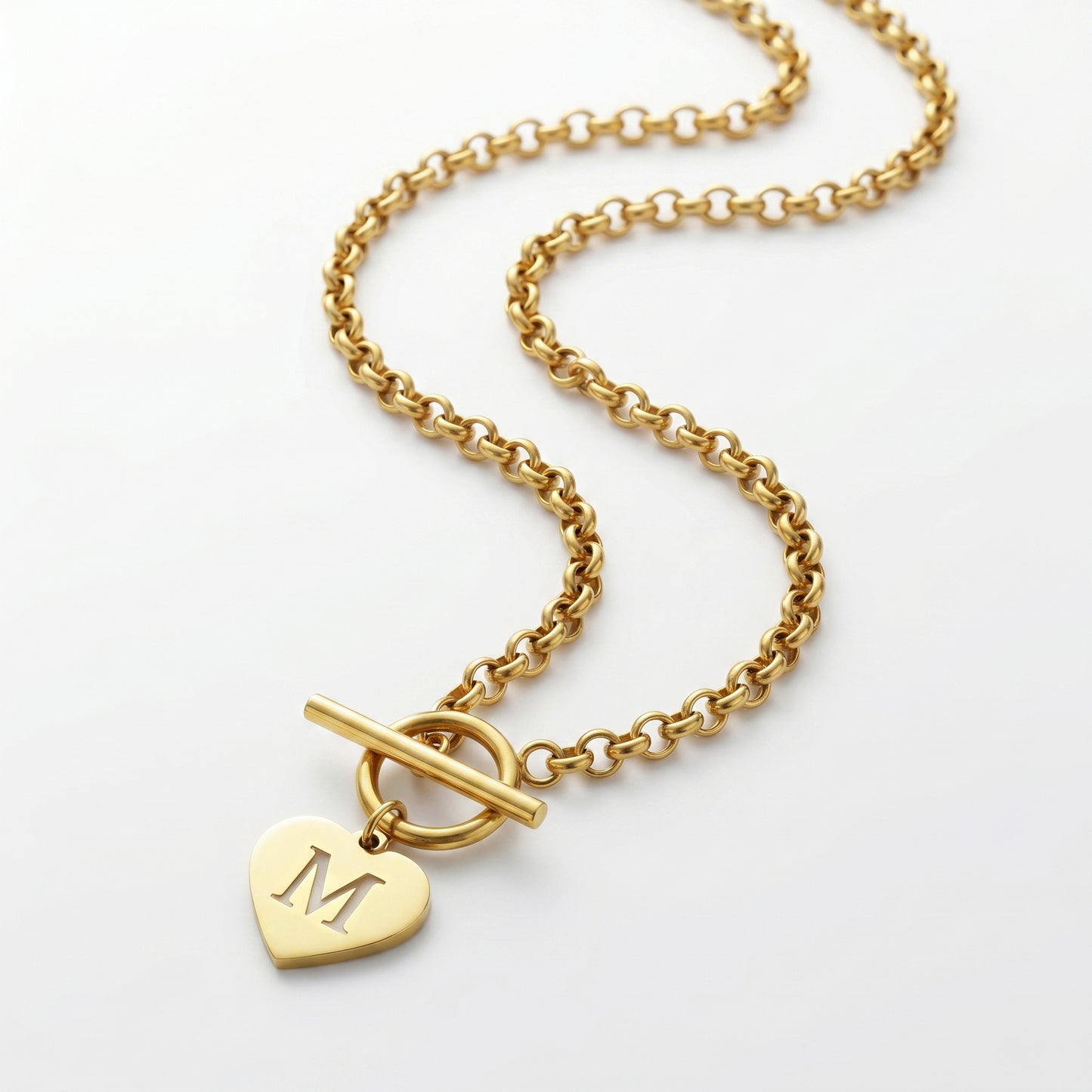 18K Gold Plated Initial M Heart Toggle Necklace - Stainless Steel Curb Chain Choker for Women