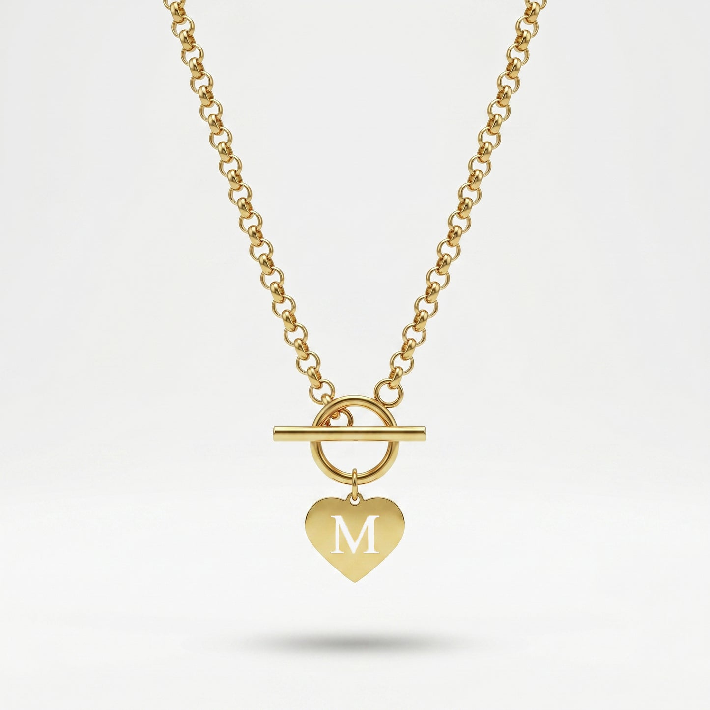 18K Gold Plated Initial M Heart Toggle Necklace - Stainless Steel Curb Chain Choker for Women