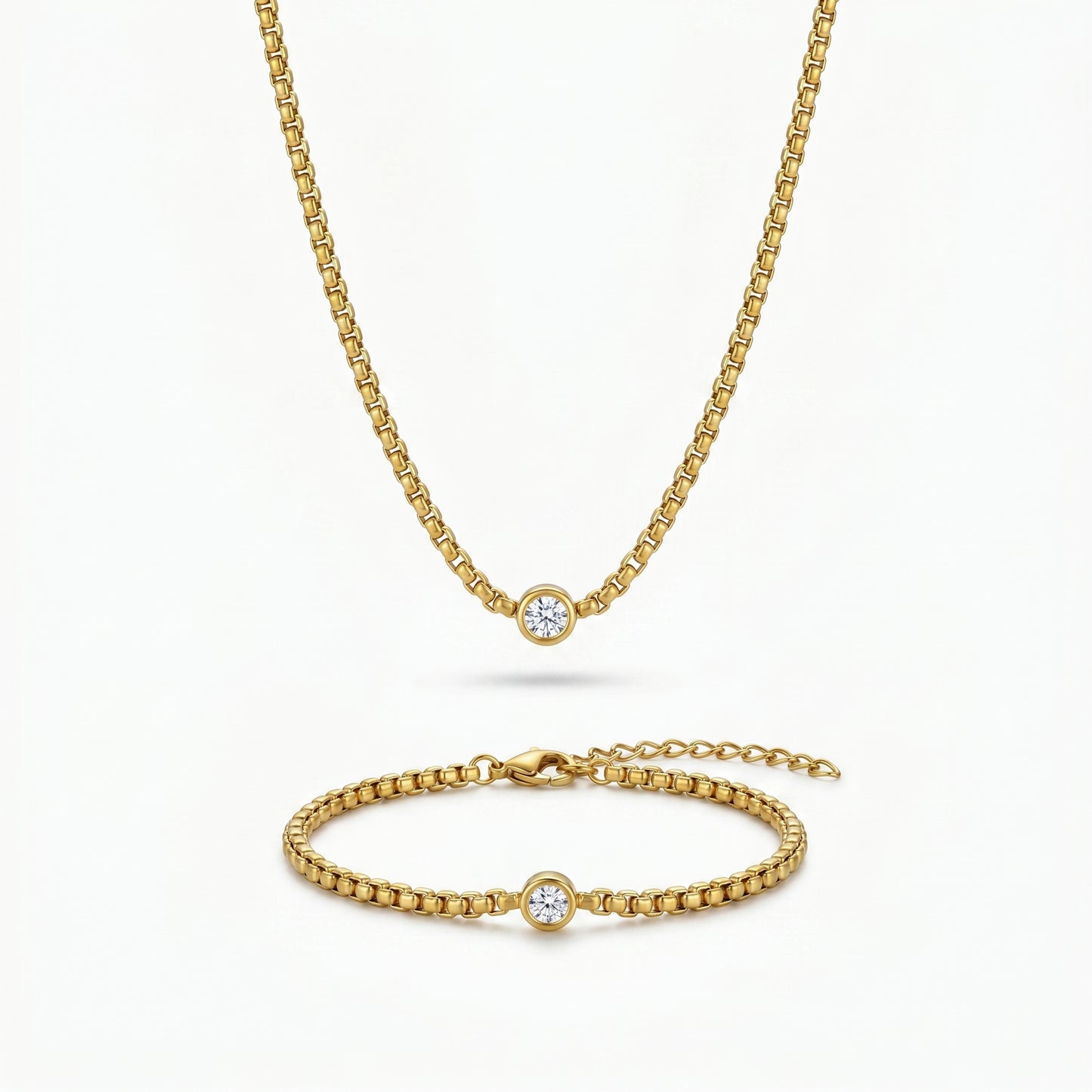 18K Gold Plated Bezel Solitaire Box Chain Necklace & Bracelet Set - Tarnish Free Stainless Steel Jewelry for Women