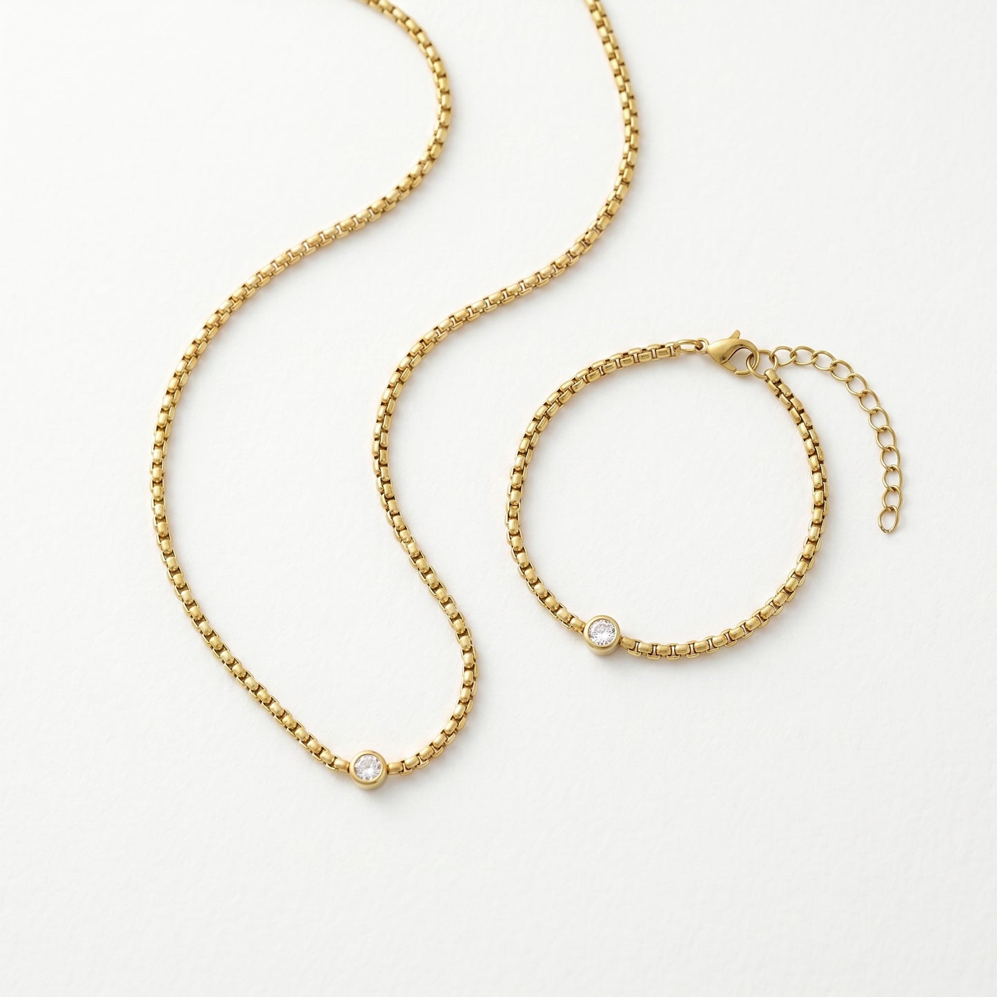 18K Gold Plated Bezel Solitaire Box Chain Necklace & Bracelet Set - Tarnish Free Stainless Steel Jewelry for Women