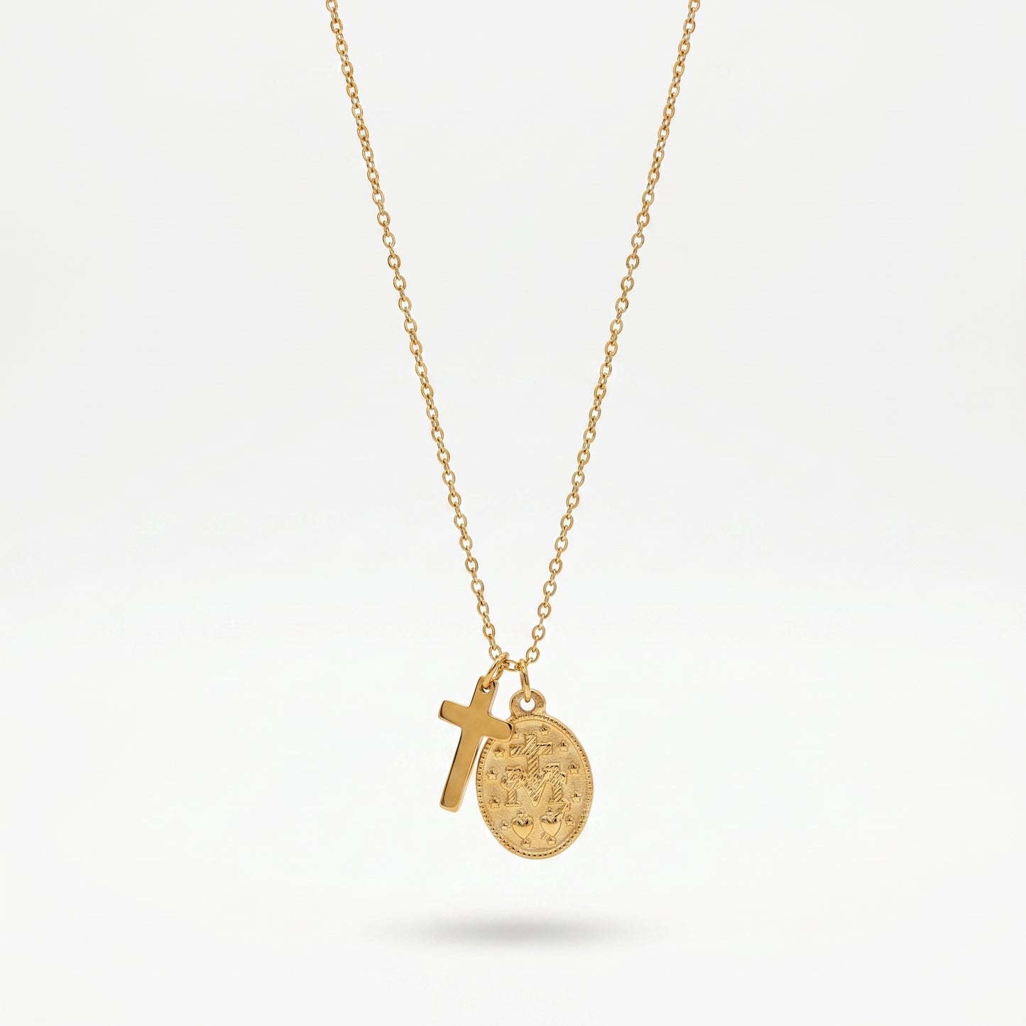 Gold Cross & Miraculous Medal Pendant Necklace - 18K Gold Plated Stainless Steel