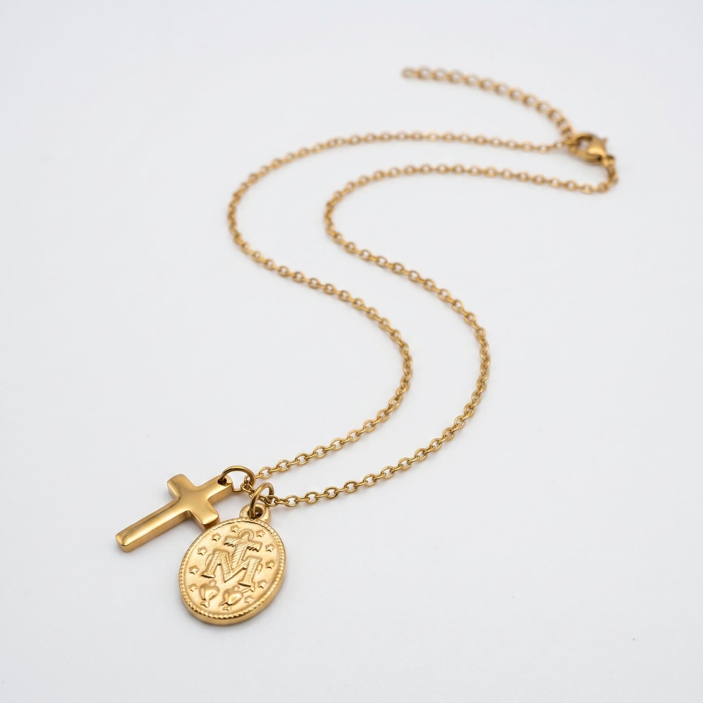 Gold Cross & Miraculous Medal Pendant Necklace - 18K Gold Plated Stainless Steel