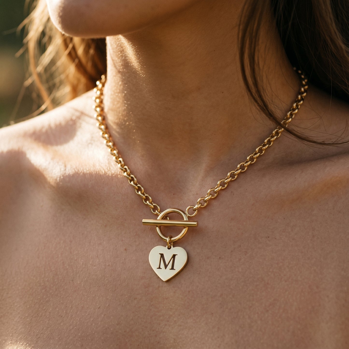 18K Gold Plated Initial M Heart Toggle Necklace - Stainless Steel Curb Chain Choker for Women