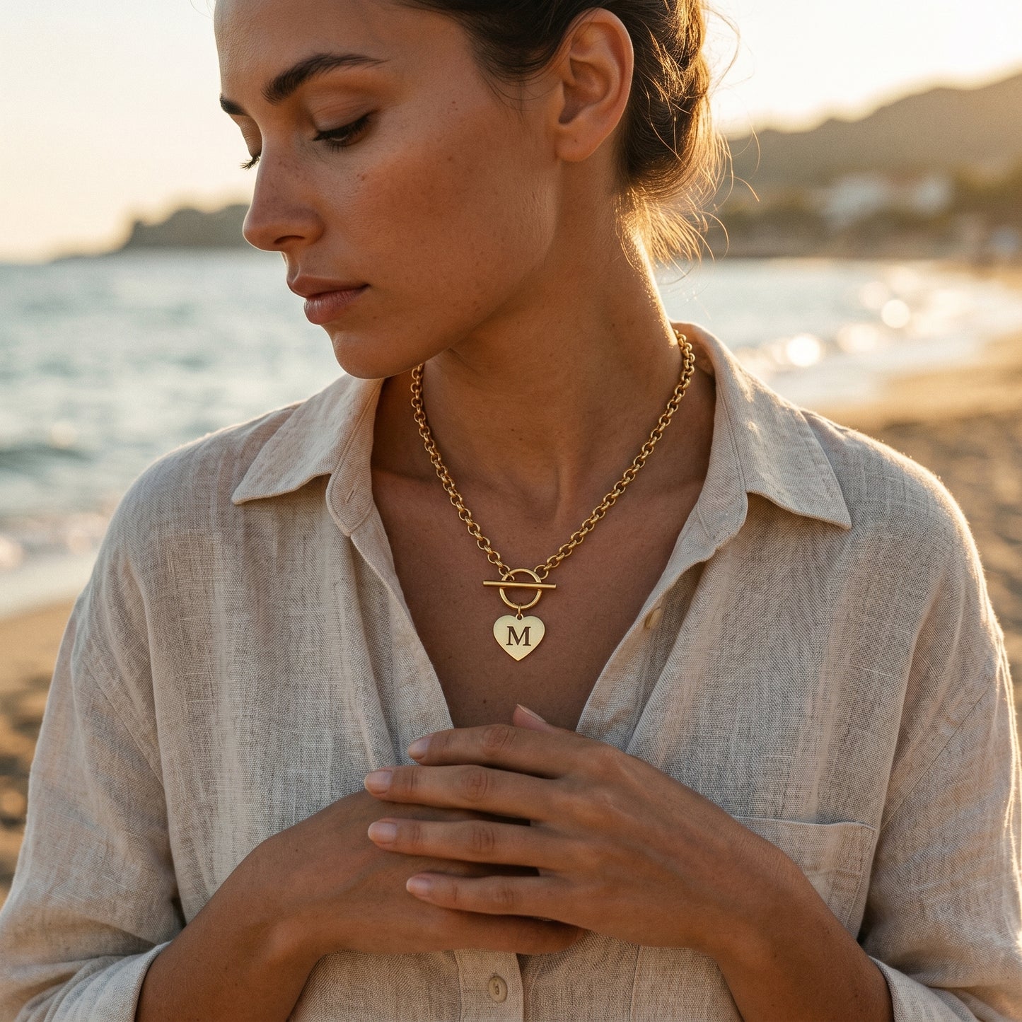 18K Gold Plated Initial M Heart Toggle Necklace - Stainless Steel Curb Chain Choker for Women