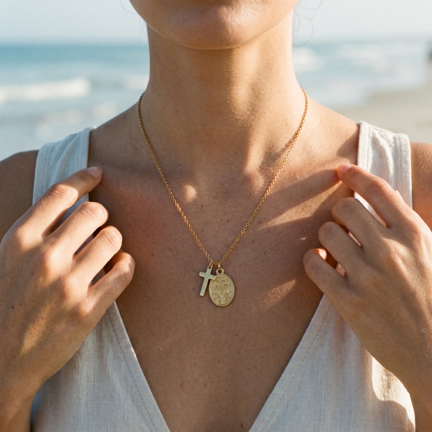 Gold Cross & Miraculous Medal Pendant Necklace - 18K Gold Plated Stainless Steel