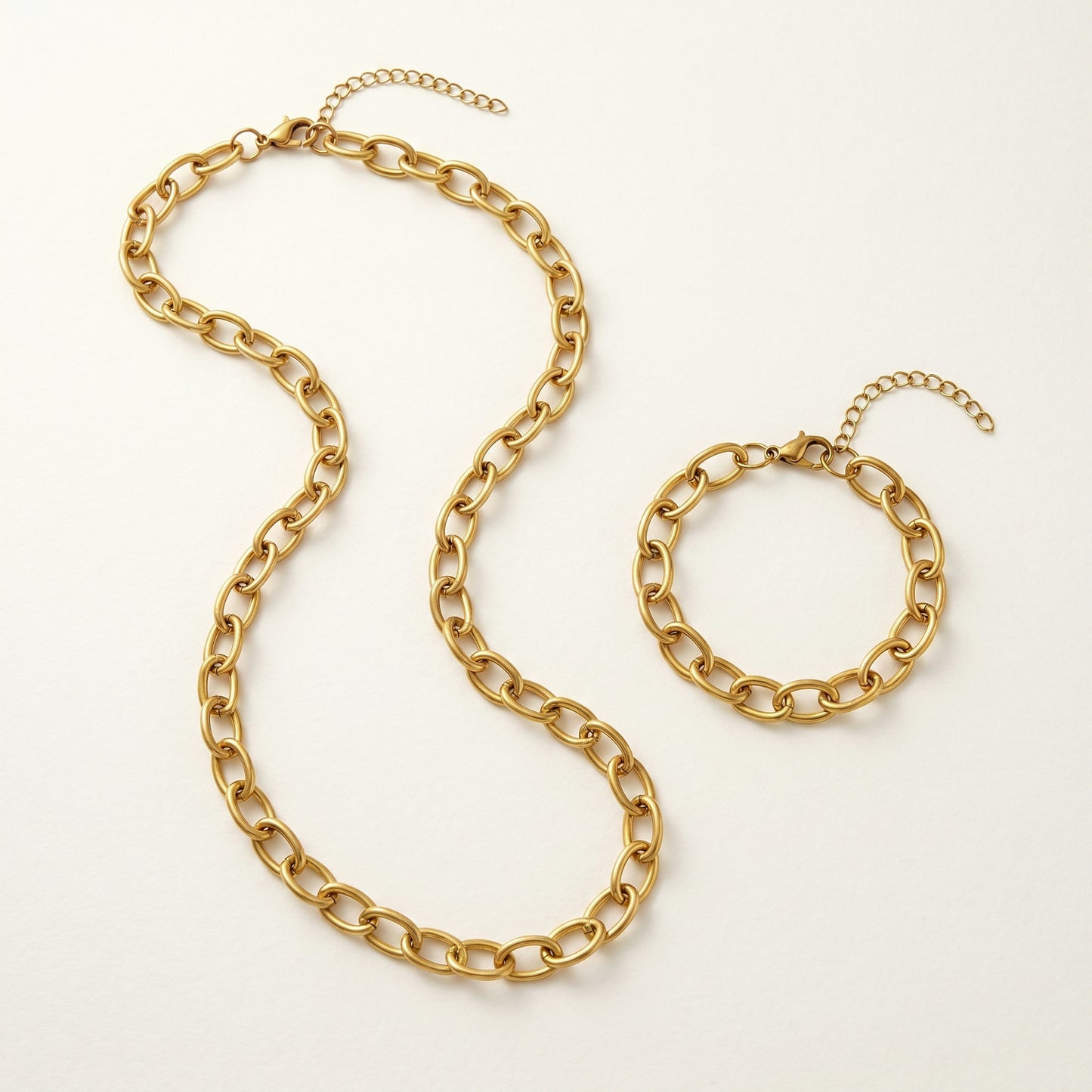Matte Gold Oval Link Chain Necklace & Bracelet Set - Tarnish Free Stainless Steel Chunky Jewelry for Women