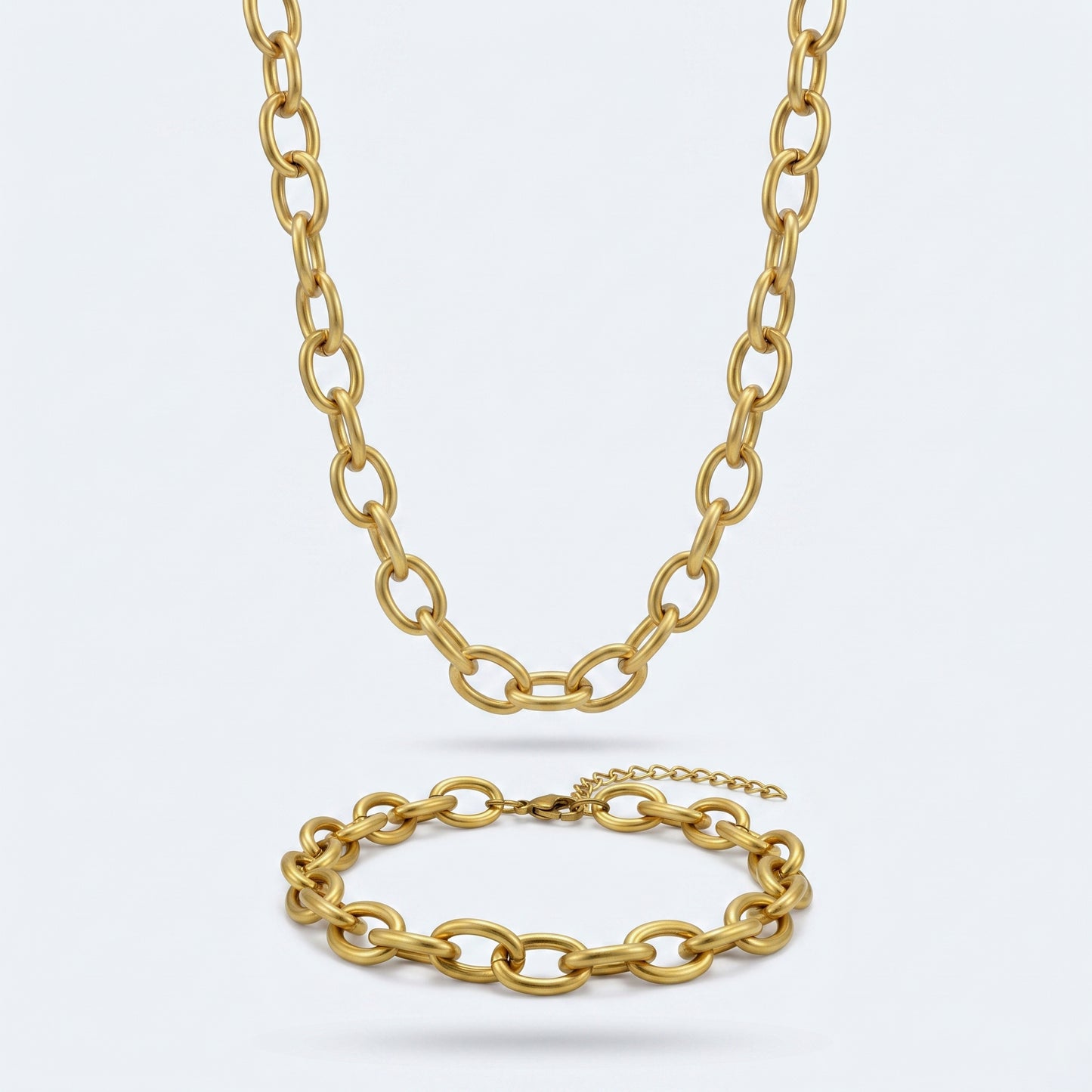 Matte Gold Oval Link Chain Necklace & Bracelet Set - Tarnish Free Stainless Steel Chunky Jewelry for Women