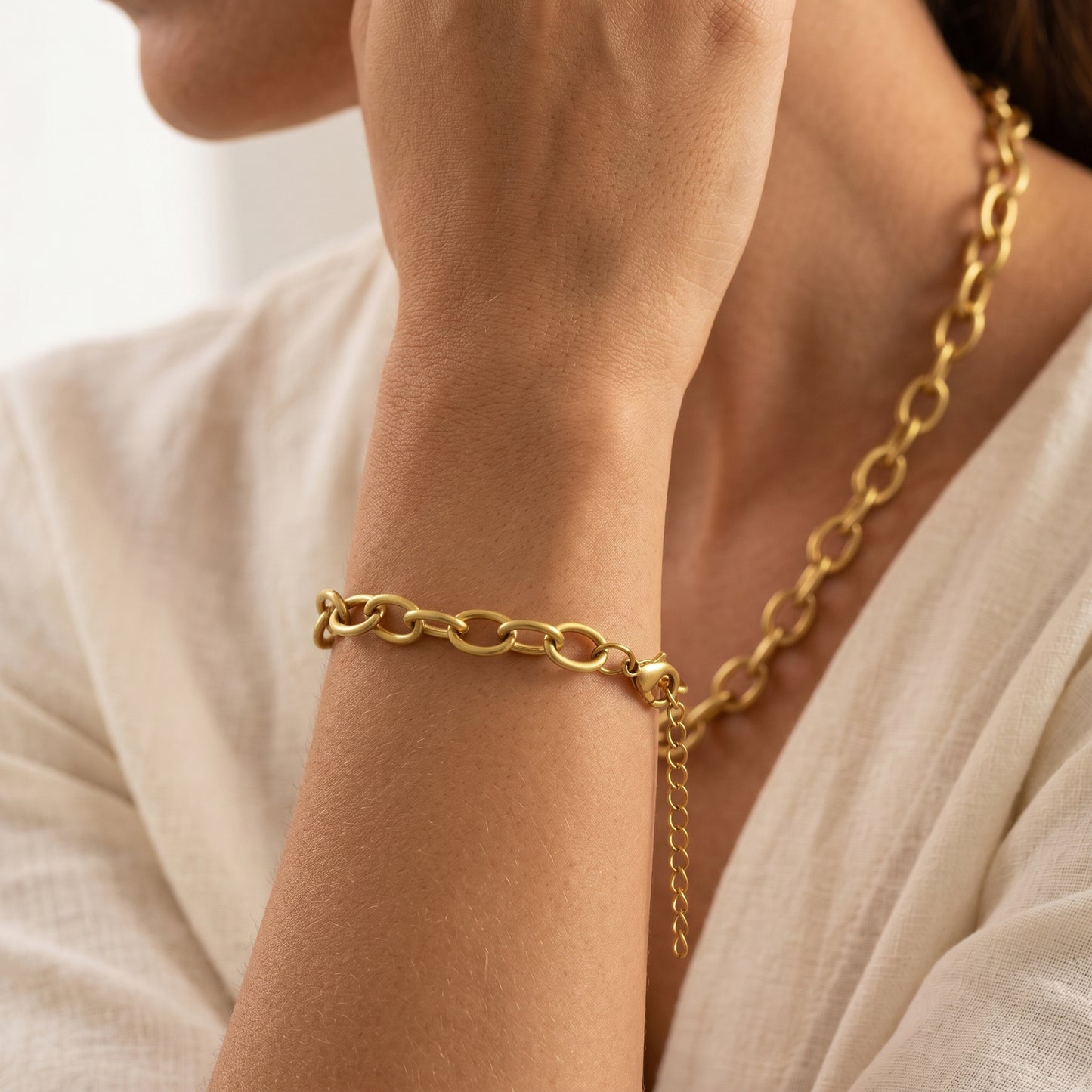 Matte Gold Oval Link Chain Necklace & Bracelet Set - Tarnish Free Stainless Steel Chunky Jewelry for Women