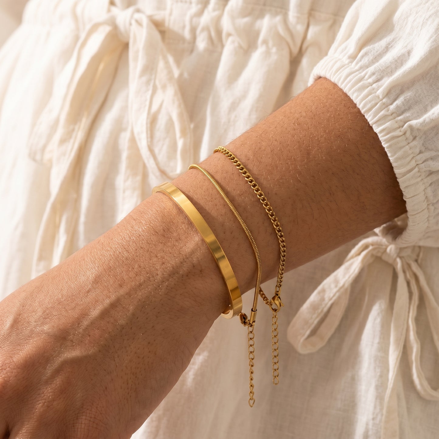 Dainty Gold Cuff Bangle & Chain Bracelet Stack Set - Hypoallergenic Everyday Wear Jewelry for Women