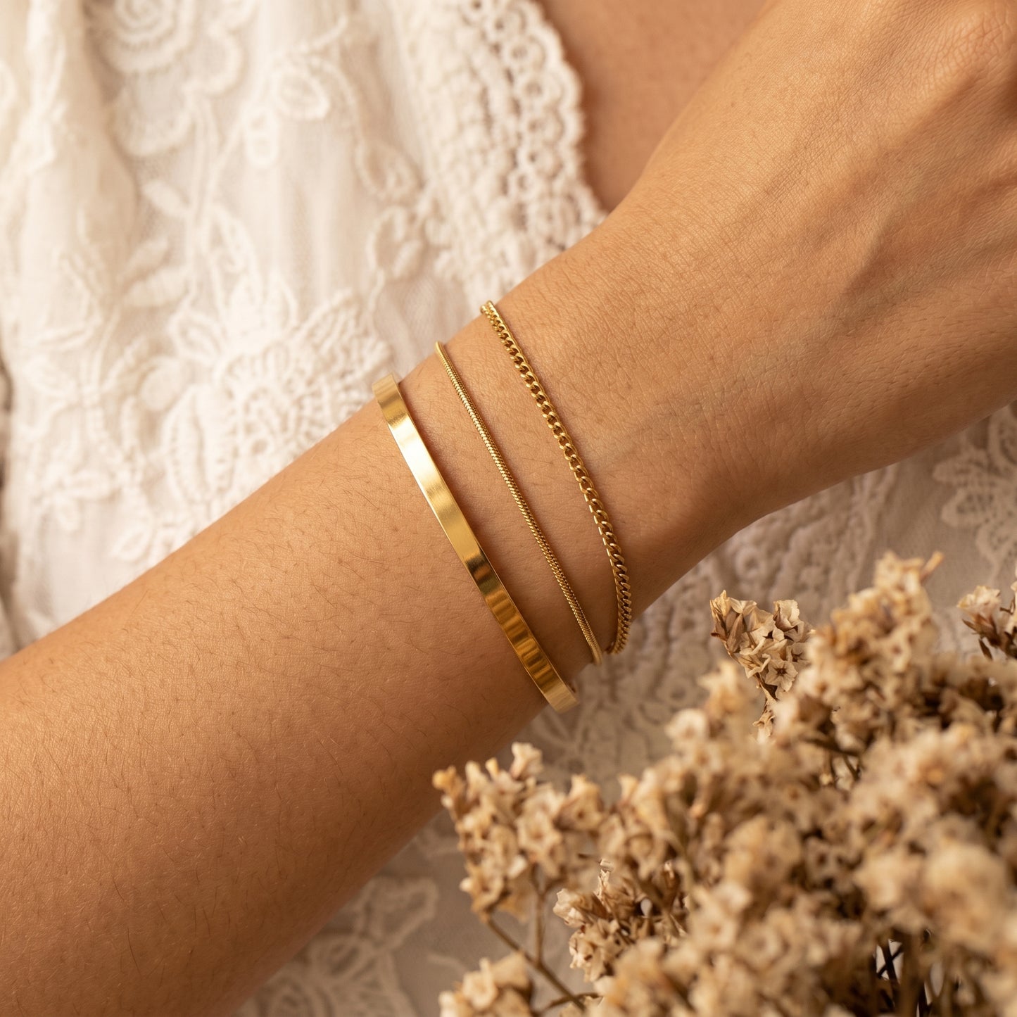 Dainty Gold Cuff Bangle & Chain Bracelet Stack Set - Hypoallergenic Everyday Wear Jewelry for Women