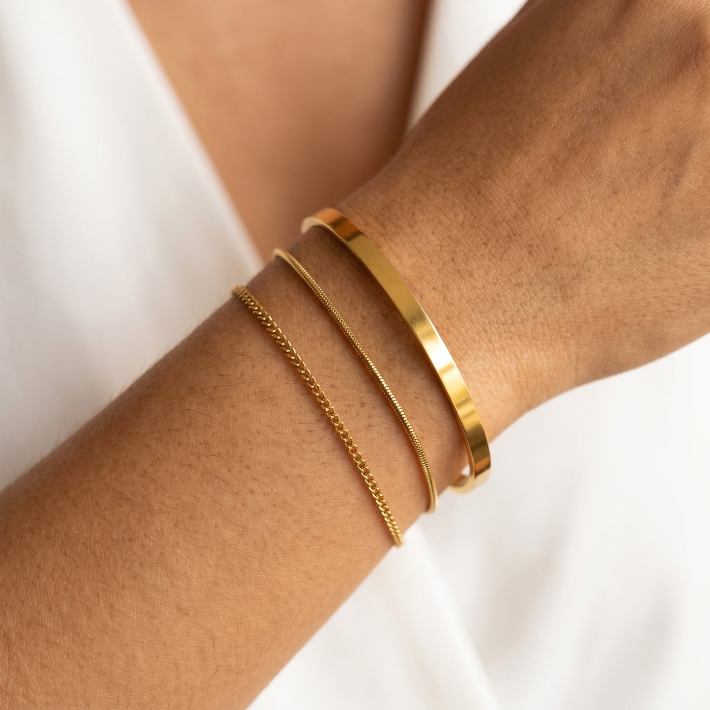 Dainty Gold Cuff Bangle & Chain Bracelet Stack Set - Hypoallergenic Everyday Wear Jewelry for Women