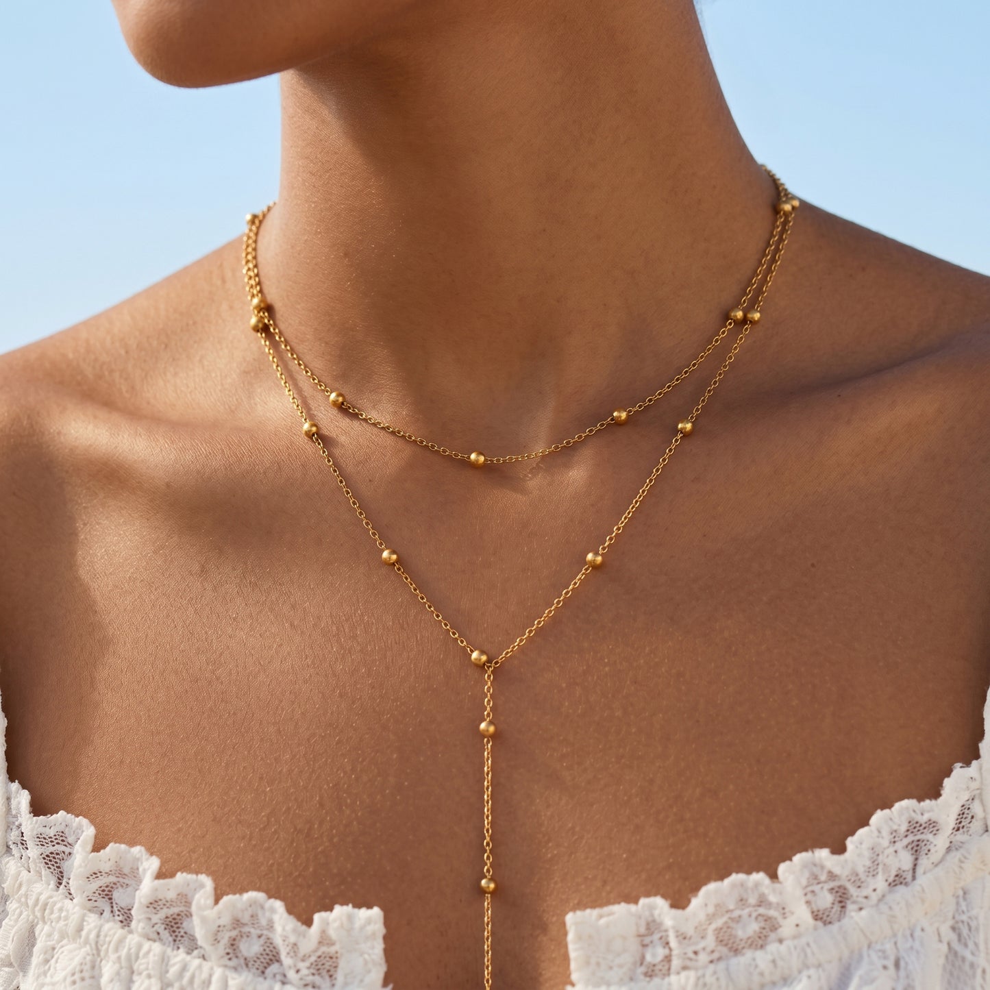 Adjustable Gold Layered Beaded Chain Necklace - 2Pcs Stackable Lariat Choker Set for Daily Wear & Gifting